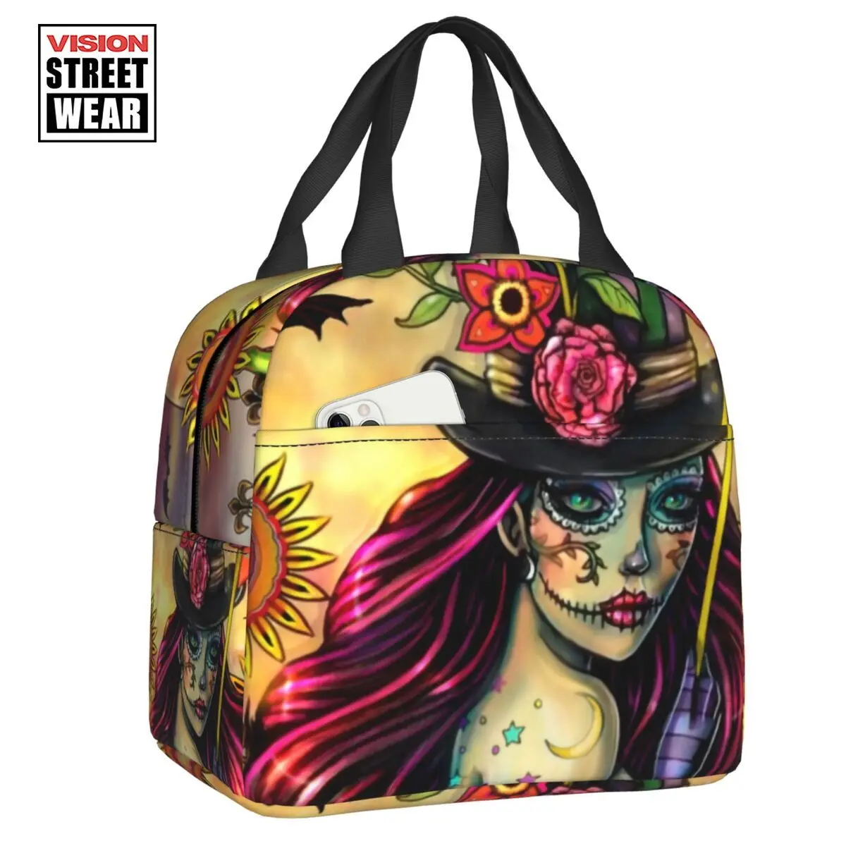 

Custom Sugar Skull Girl Fantasy Artwork Lunch Bag Women Thermal Cooler Insulated Lunch Boxes For Student School Thermal Bags