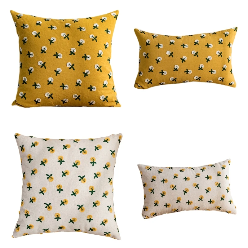 

Sunflower Pattern Pillow Cover Plaid Line Embroidery Pillows Case Decor R9UF