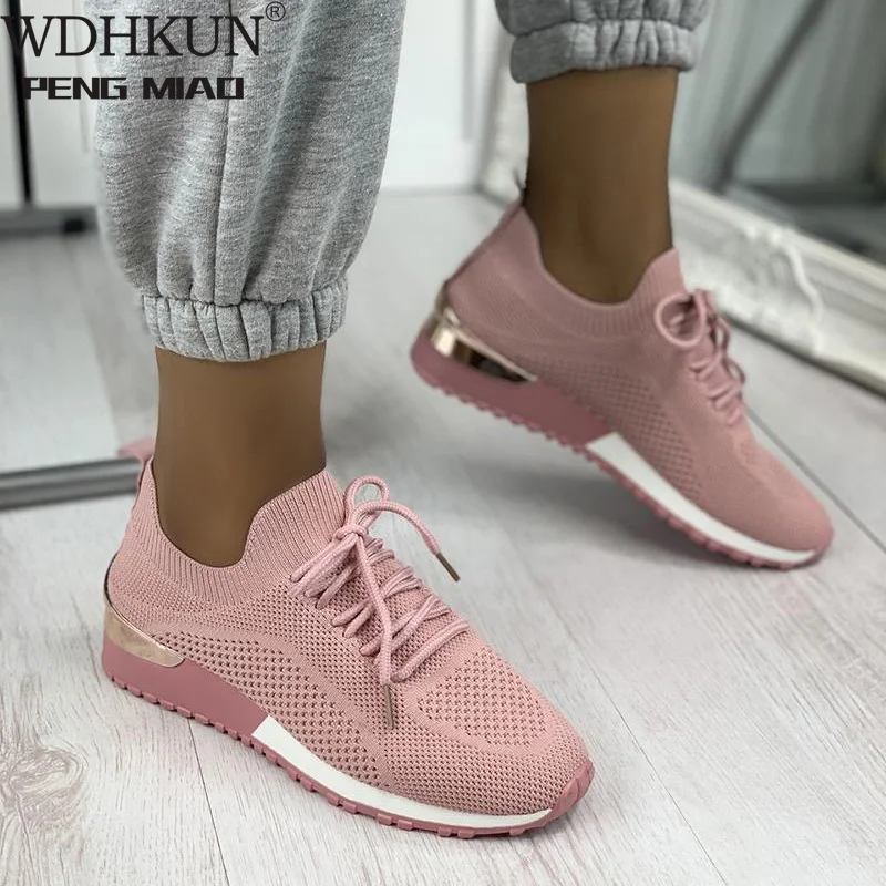 

Women Sneakers Breathable Knitted Plus Size 43 Solid Ladies Shoes Walking Shoes Fashion Summer Female Flats Shoes 2021 New