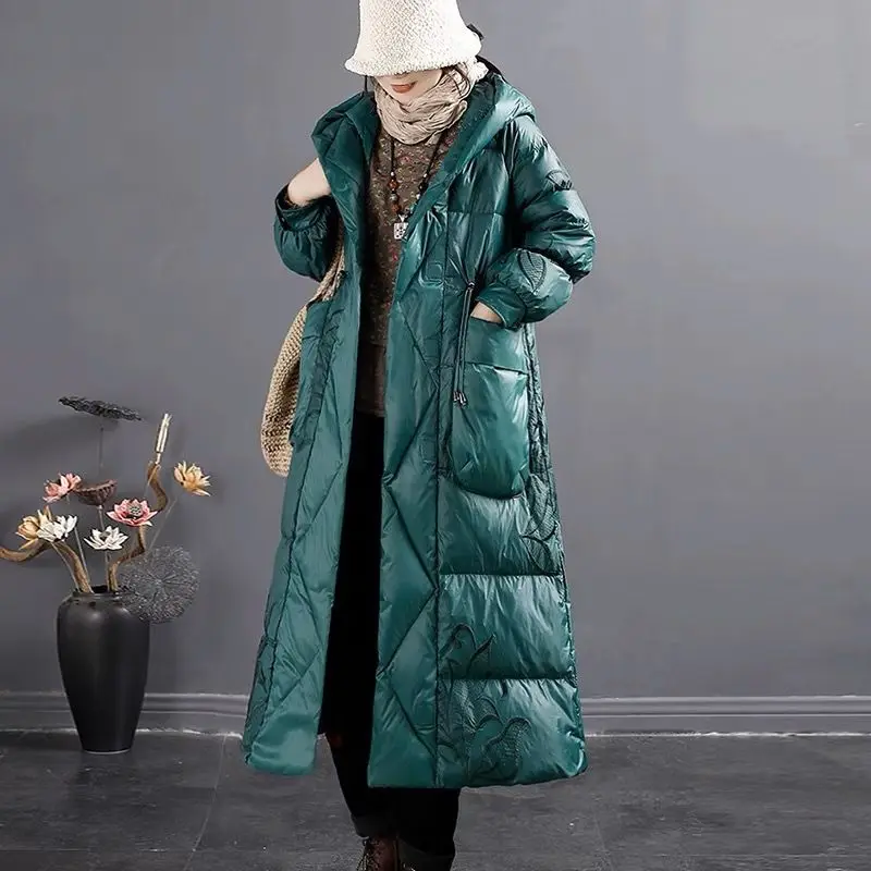 

2022 New Autumn Winter Women Duck Down Coats Female Long White Duck Down Jackets Outerwear Vintage Hooded Loose Overcoats A17
