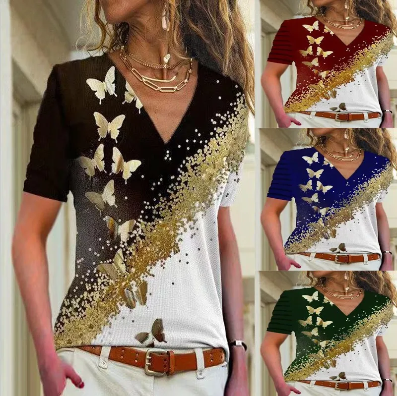 

Women's 2022 short sleeved fashionable casual printed V-neck T-shirt