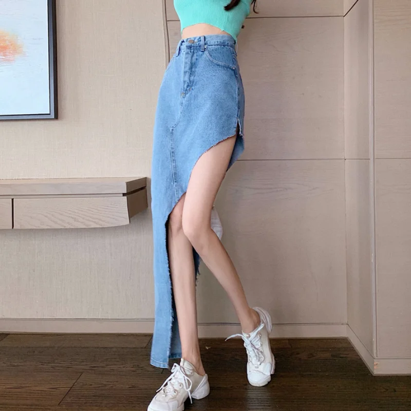 

Irregular Design Women Denim Skirt High Waist Korean Light Blue Summer Female Jeans Skirts Casual Cotton Pocket Long Skirts