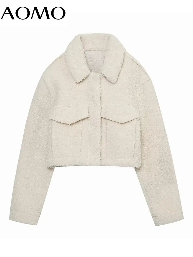 

AOMO 2022 Women Winter Crop Jacket Loose Long Sleeves Pocket Ladies Elegant Faux Fur Teddy Coat 6H155A