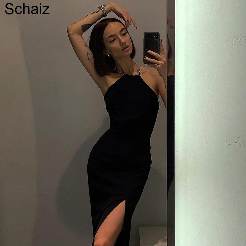 

Halter Dress Splicing Skirt Fashion Backless Slim Black Dress
