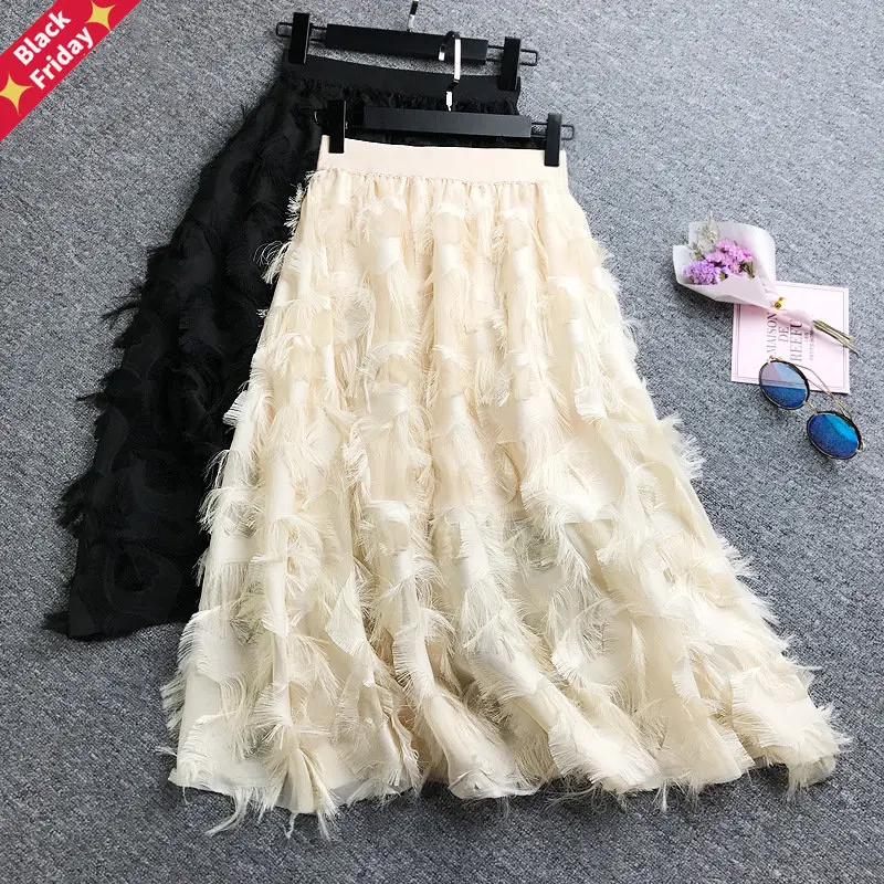 

Luxury Chiffon Skirts Jupe Femme 2023 New Spring Summer Feather Tassel Midi Skirt High Waist Elegant Slim Long Maxi Skirt