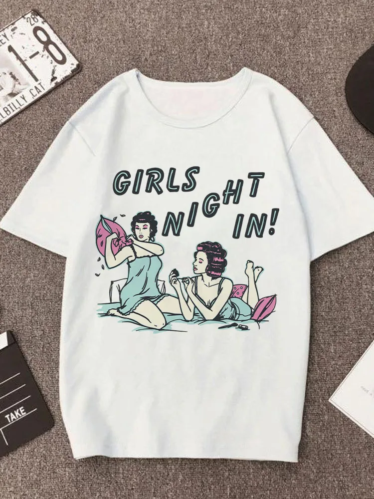 

O-neck Women T-shirts Girls Night In Young Ladies Printing Short Sleeves Cartoon Tshirt Summer White Tops T-shirt For Woman