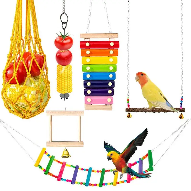 

Bird Toys Set Swing Chewing Training Toys 6PC Lovebird Toys Small Parrot Hanging Hammock Parrot Cage Bell Perch Toys With Ladder