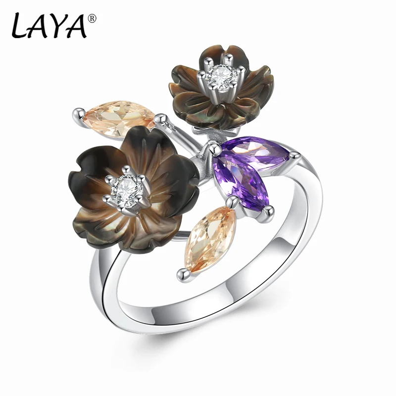 

Кольцо LAYA для женщин, черный цветок, сияющий красочный циркон, 100% стерлинговое серебро 925 пробы, минималистичное обручальное кольцо на палец, романтические ювелирные изделия
