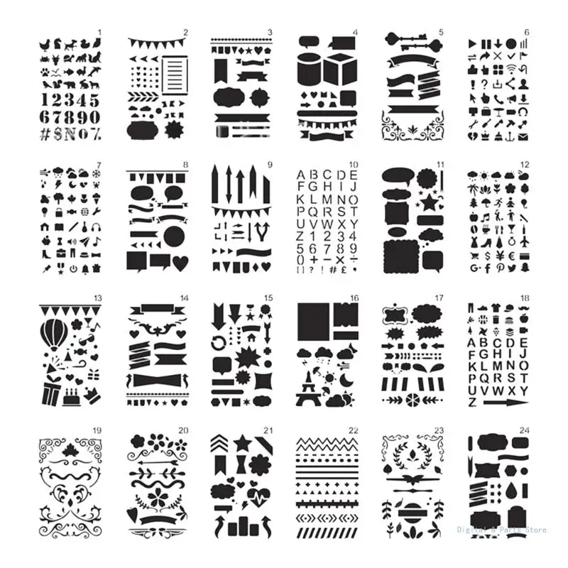 

M17F DIY Journal Stencil Set 24pcs Hollow Painting Templates for Crafting and Drawing