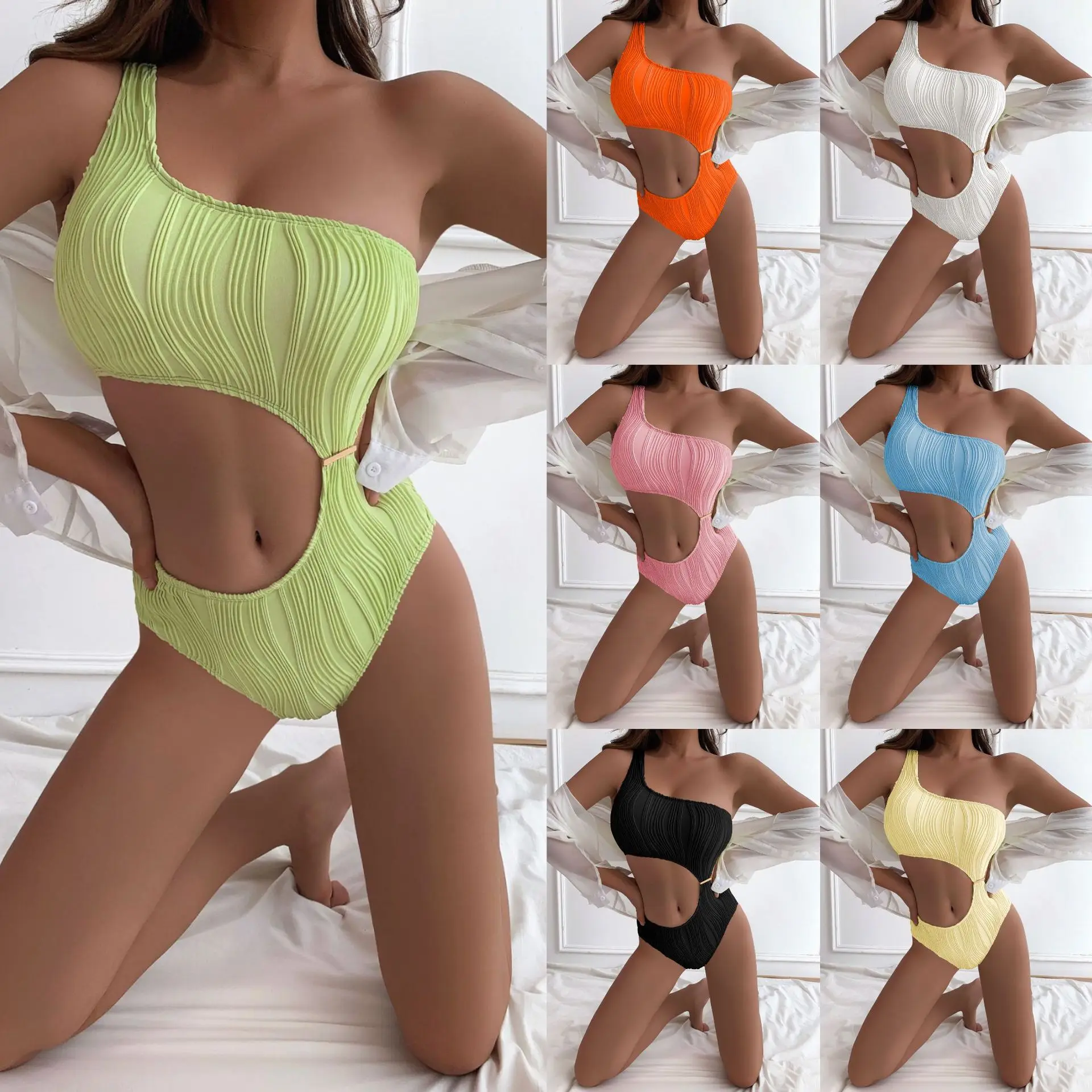

Women's One Piece Swimwear Textured Fabric Sexy Beachwear Hollow Monokini Solid Swimsuit One-Shoulder Basting Suit New 2023