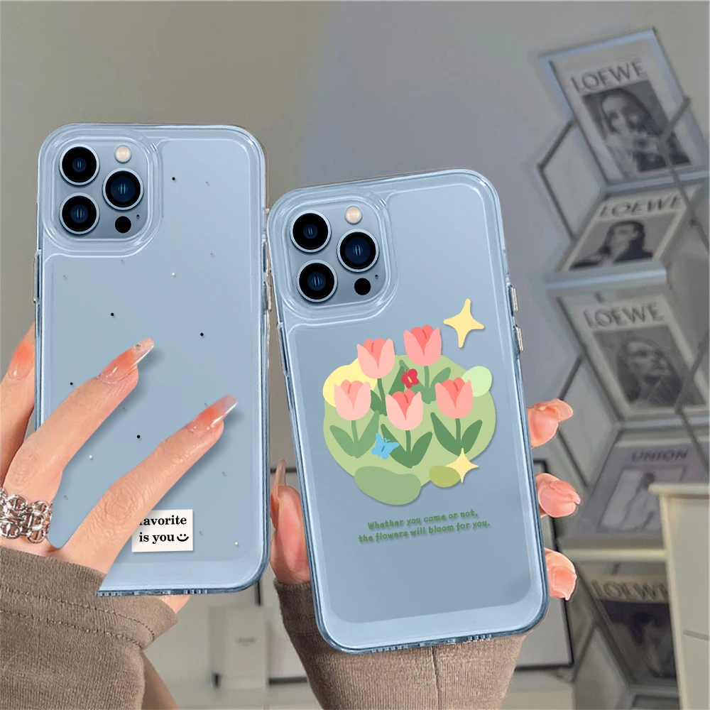 

INS Painting Tulips Case for iPhone 14 13 12 11 Pro Max Mini XS XR X Clear Shell Back Cover for iPhone14promax Protection Fundas