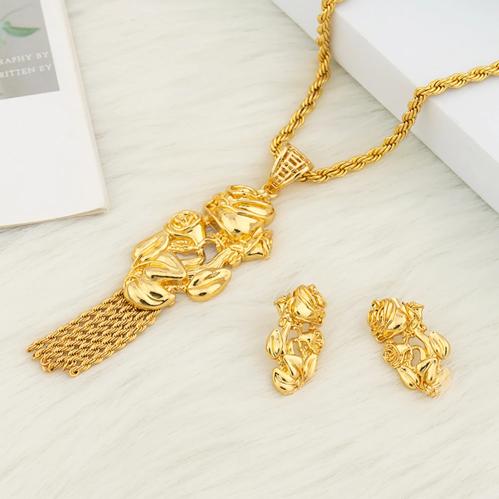 

Dubai Gold Plated Jewelry Set For Women African Necklace Jewelry Set Arab Brazil Wedding Hoop Earrings Pendant Jewellery Paty