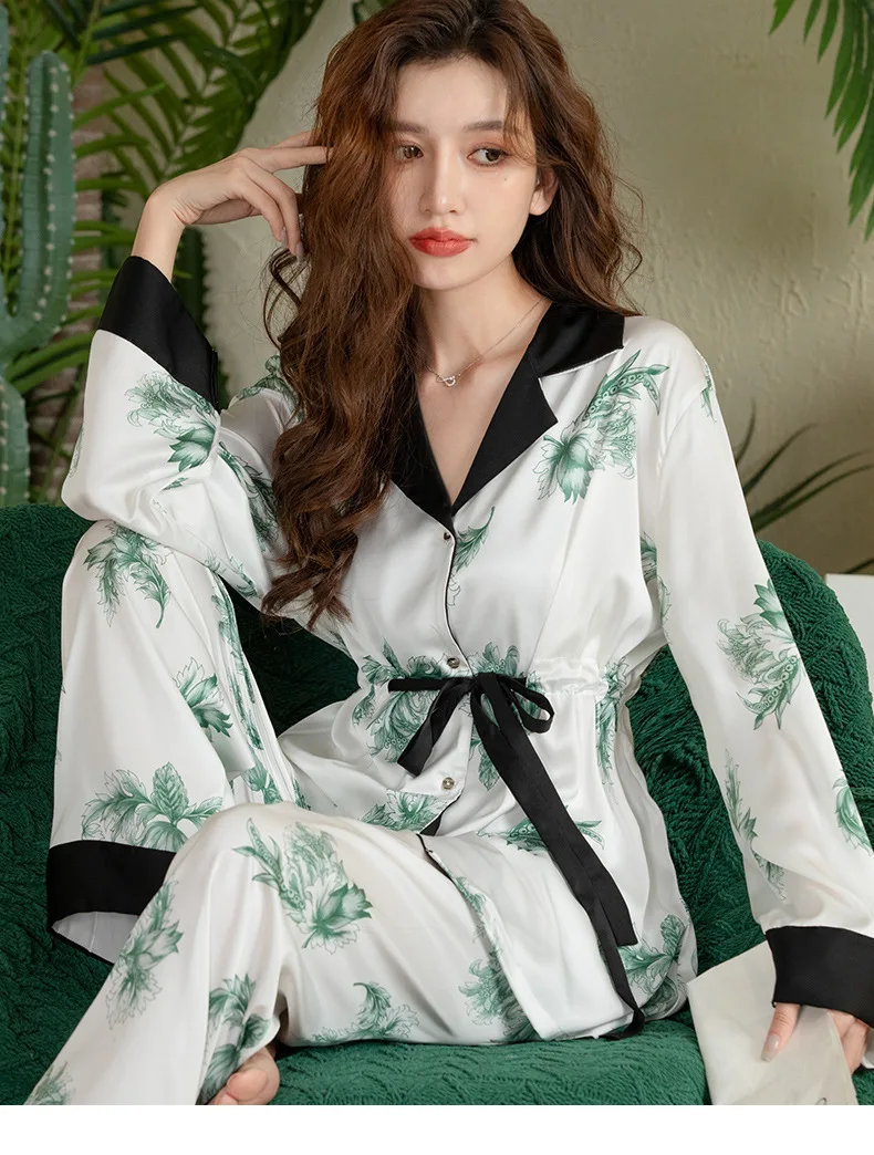 FALLINLAOE 2023 Spring Autumn Ice Silk Pajamas Women's Long Sleeved Cardigan Tie Up Pajamas Set Premium Sense Sleepwear