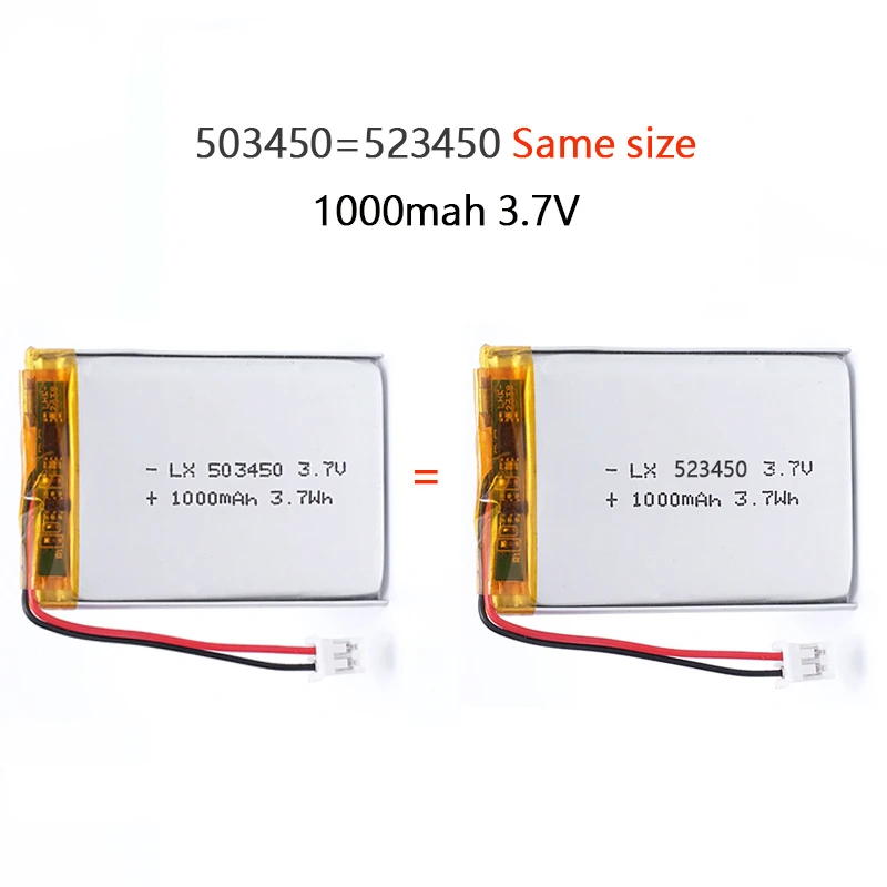 503450/523450 1000mAh 3.7V Polymer Lithium Rechargeable Battery Li-ion Battery JST PH2.0 2pin For GPS Smart Phone DVD MP4 MP5