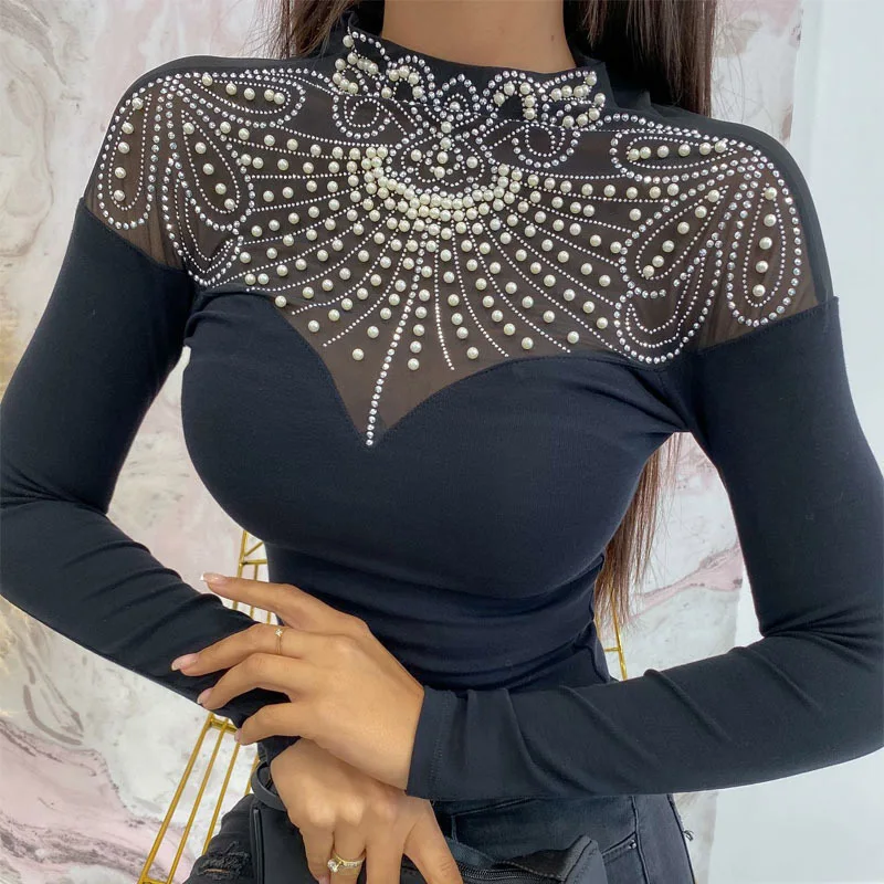 

Skinny Blouse 2022 Spring Long Sleeve Women Tops Blusa Streetwear Elegant U Neck Diamond Shirt Pullover Office Lady Sexy Fashion