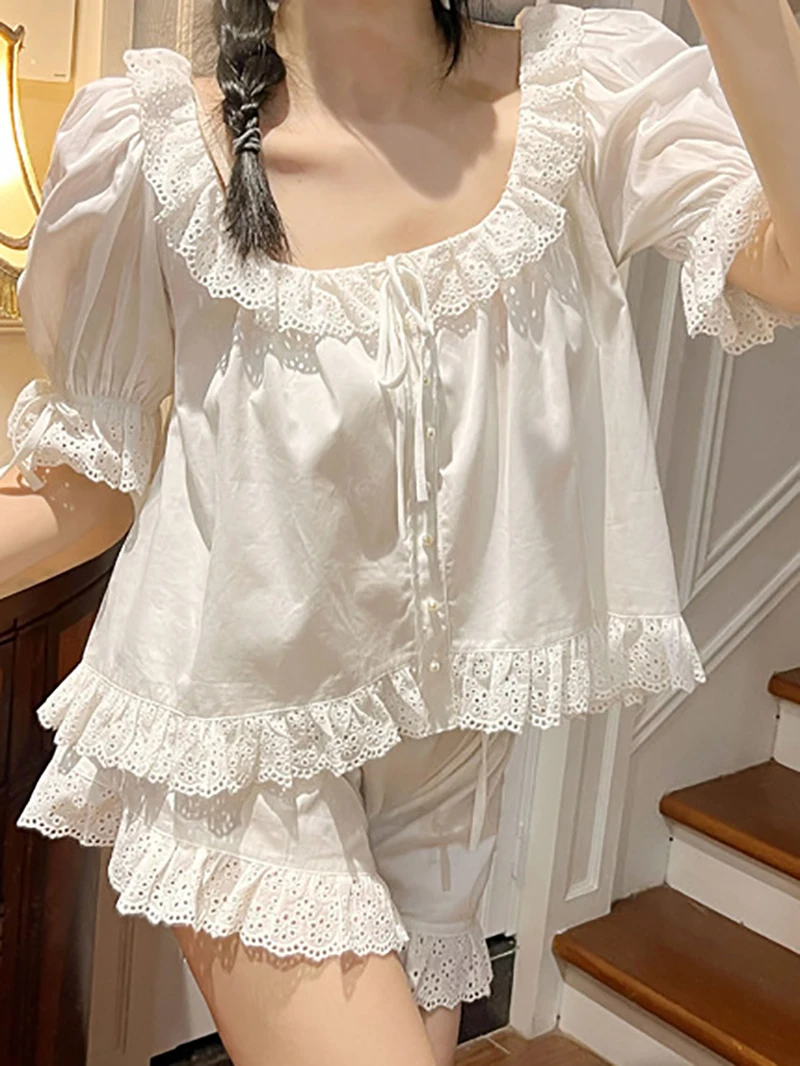 Women French Sweet Girls Summer Short Sleeve Homewear Pajama Two Piece Set Victorian Lolita Ruffles Vintage Princess Sleepwear