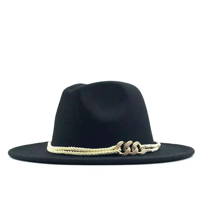 Фото Черные шерстяные фетровые шляпы Jazz Fedora с пряжкой на ремешке для женщин унисекс с широкими полями Панама Trilby ковбойская Кепка Панама №1
