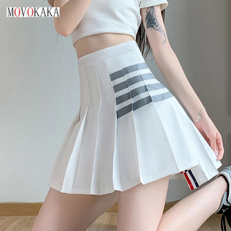 

MOVOKAKA White Pleated Skirts For Women Tennis Sports High Waist Slim Asymmetry Skirt Stripe Sexy Mini Pleated Skirts All Season