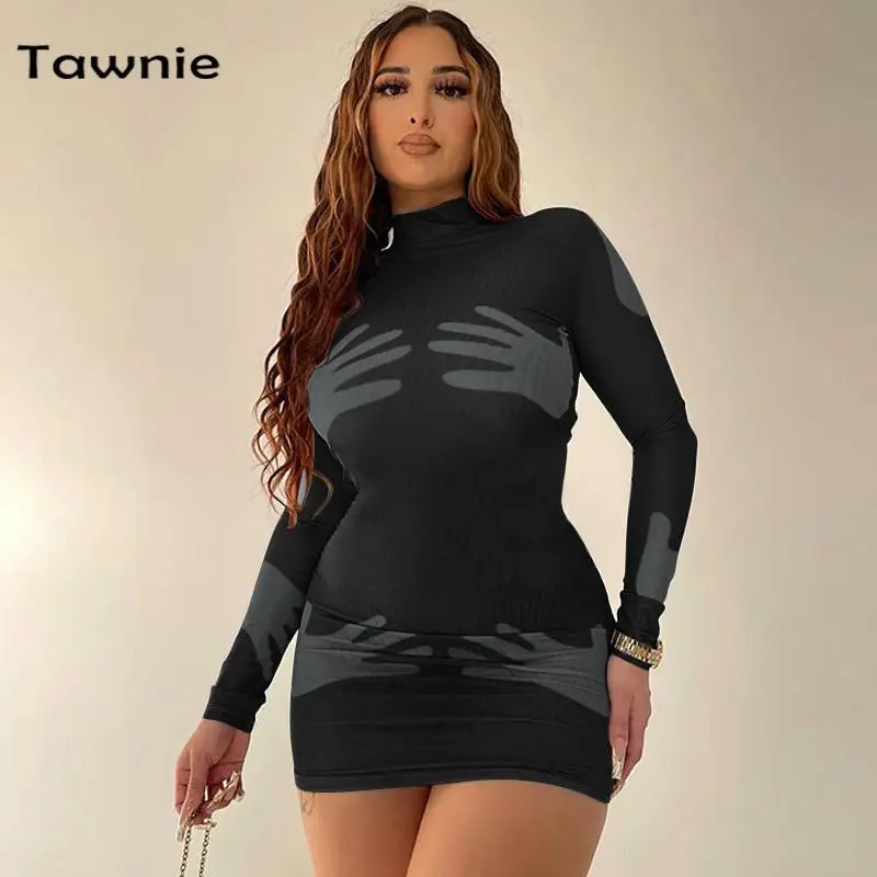 

Tawnie Turtleneck Hands Shape Sexy Bodycon Mini Dress Women 2023 Spring Long Sleeve Festival Party Dresses Club Y2K Clothes