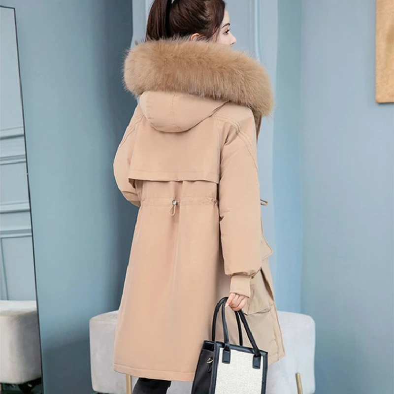 Big Fur Collar Mid-Length Women's Down Padded Cotton Jackets 2022 Winter Parkas New Slim Waist Fleece Thick Coats Casual Outwear