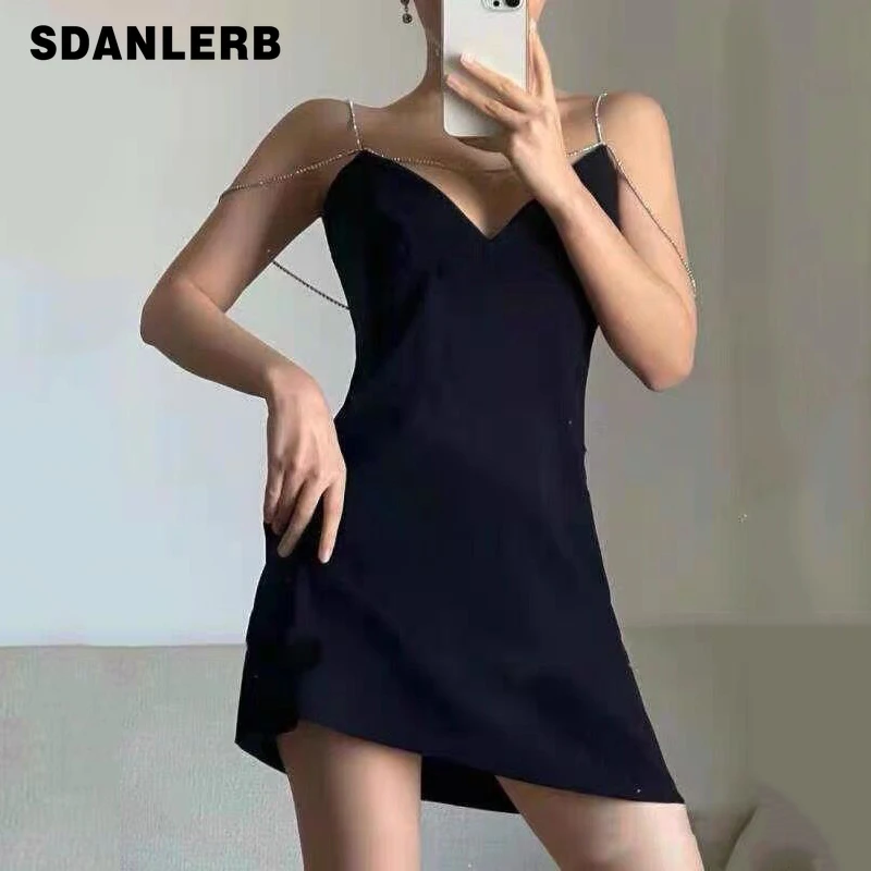 

Black Diamond Chain Sexy Suspender Dress Women's Elegant High-Grade Slimming Sleeveless Party Gathering Short Strap Dress