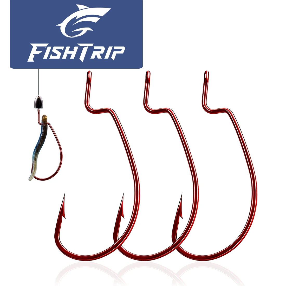 Фото Крючки FishTrip Red EWG, 25-100 шт., смещенные крючки для рыбалки на окуня, сверхширокие смещенные крючки для пресноводной рыбалки, оснастка Carolina/Texas №1