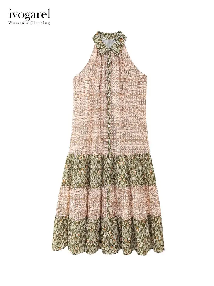 

Ivogarel Shiny Off-Shoulder Collared Midi Dress Traf Vintage Boho Chic Elegant Woman's Summer Evening Dress with Ruffled Hem