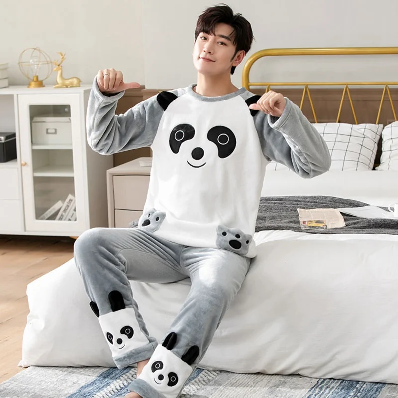 2022 Winter Long Sleeve Thick Warm Flannel Pajama Sets for Men Coral Velvet Cute Cartoon Sleepwear Suit Pyjamas Homewear Clothes