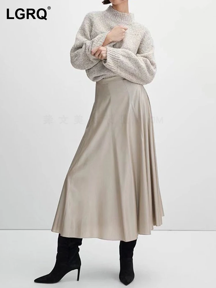 

LGRQ Fashion Women Elegant Midi Skirt 2023 Ruched Loose A-line Autumn High Quality Luxury Solid Color Trendy Long Skirts 19J4524