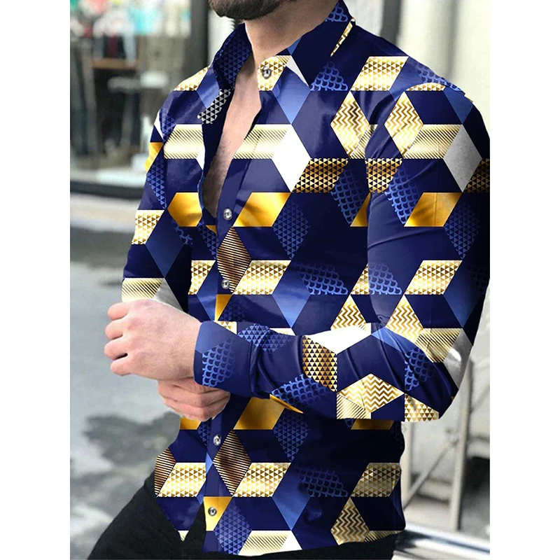 

Luxury Social Men Shirts Turn-down Collar Buttoned Shirt Long Sleeve Tops Men's Clothes Club Prom Cardigan Print Lattice Casual