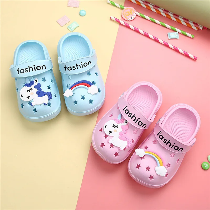 

2022 Summer Kids Garden Shoes Boys Girls Unicorn Slippers Rainbow Shoes Toddler Cartoon Animal Outdoor Slippers