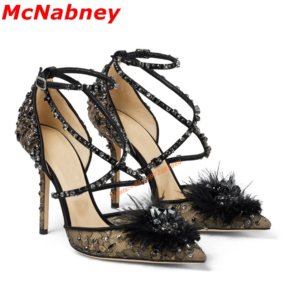 

Rhinestone Fur Sandals Sexy Straps Ankle Buckles Women Dress Shoes Pointy Toe Solid Mesh Sandals Stiletto Heel Summer Banquet