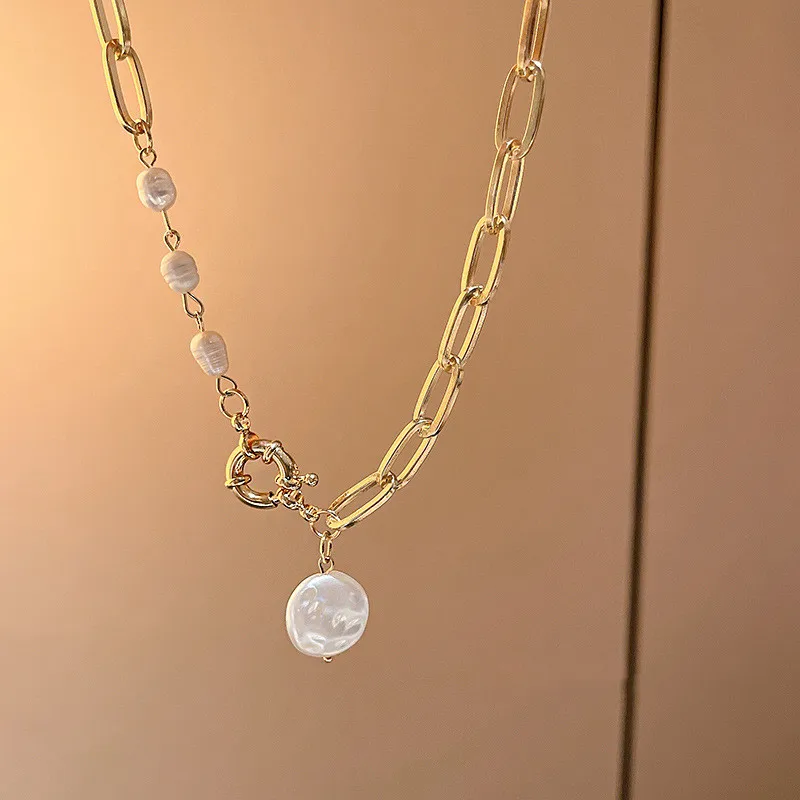 

LOVOACC Retro Irregular Baroque Pearl Pendant Necklace for Women Gold Hollow Link Chain Asymmetric Chokers Necklaces Jewelry