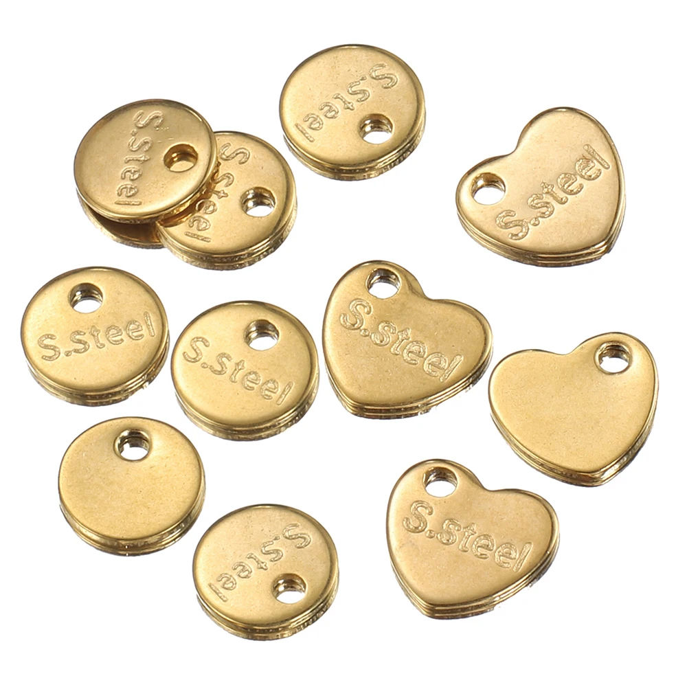 

No Fade 50pcs Stainless Steel Love Heart Round End Charms Pendants Gold Color S.steel Chain Tail Charms for Jewelry Making DIY