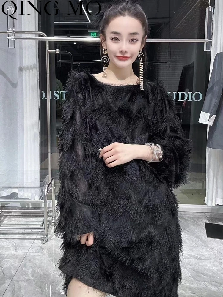 

QING MO2023 Autumn New Women Casual Tassel Personalized Yellow Dress Combination Mid Length Fashion Dress Trendy Girl Top ZY191A