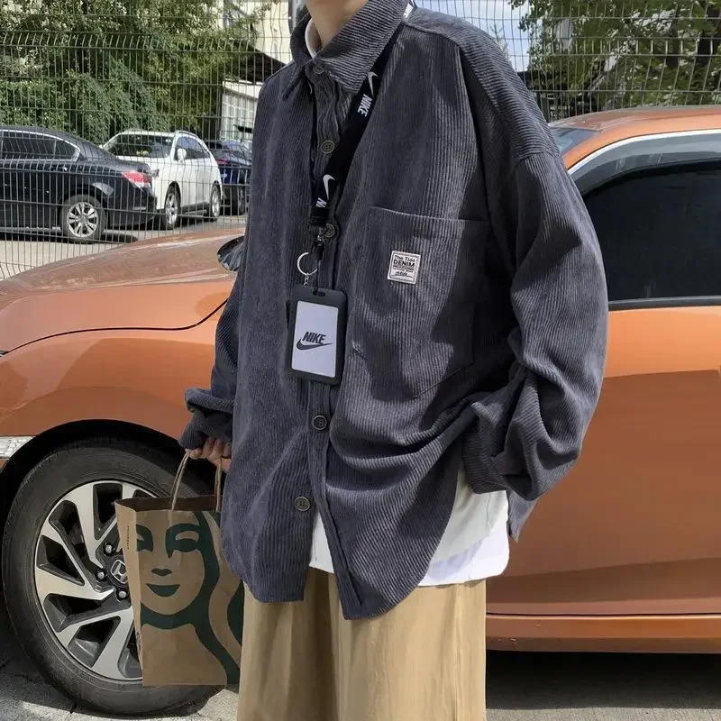 Модная винтажная Вельветовая рубашка Мужская свободная белая с длинным рукавом