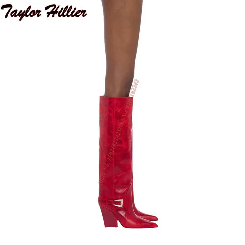 Зимние красные сапоги до колена из натуральной кожи с пряжкой на ремне прямые