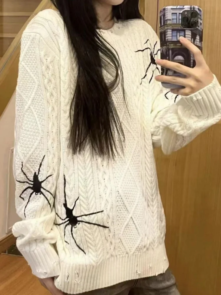 

Spider Knit Sweater Womens Punk O-neck Twist Loose Jumper Harajuku Knitted Y2k Aesthetic Pullover Sueter Mujer Streetwear