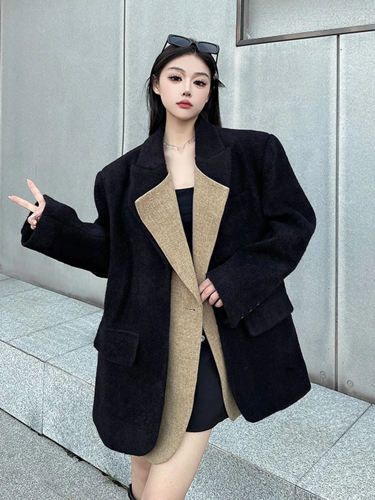 BZVW черный толстый шерстяной пиджак для женщин индивидуальный контрастного цвета