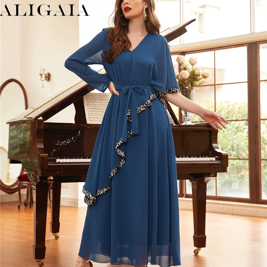 

Aligaia New Sexy V-neck Party Festive Dress For Women 2022 Fashion Design Dubai Chiffon Evening Dress Eid Trendy Islamic Clothes
