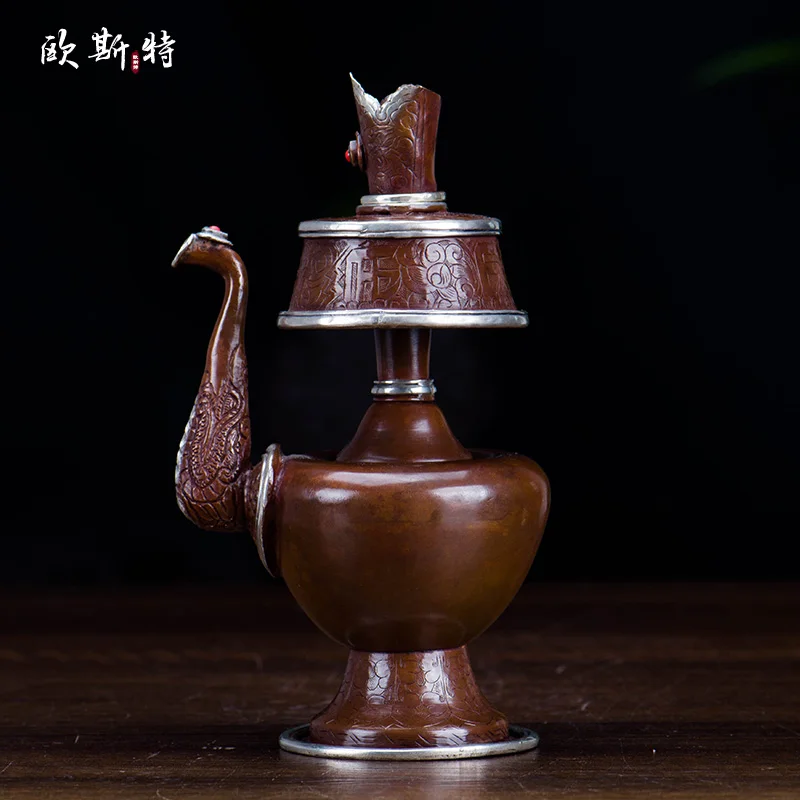 

Handmade Red Copper Silver-Plated Carved Small Size Water Filter Bottle Tibetan Zongguan Top Buddish Prayer Set Benba Pot