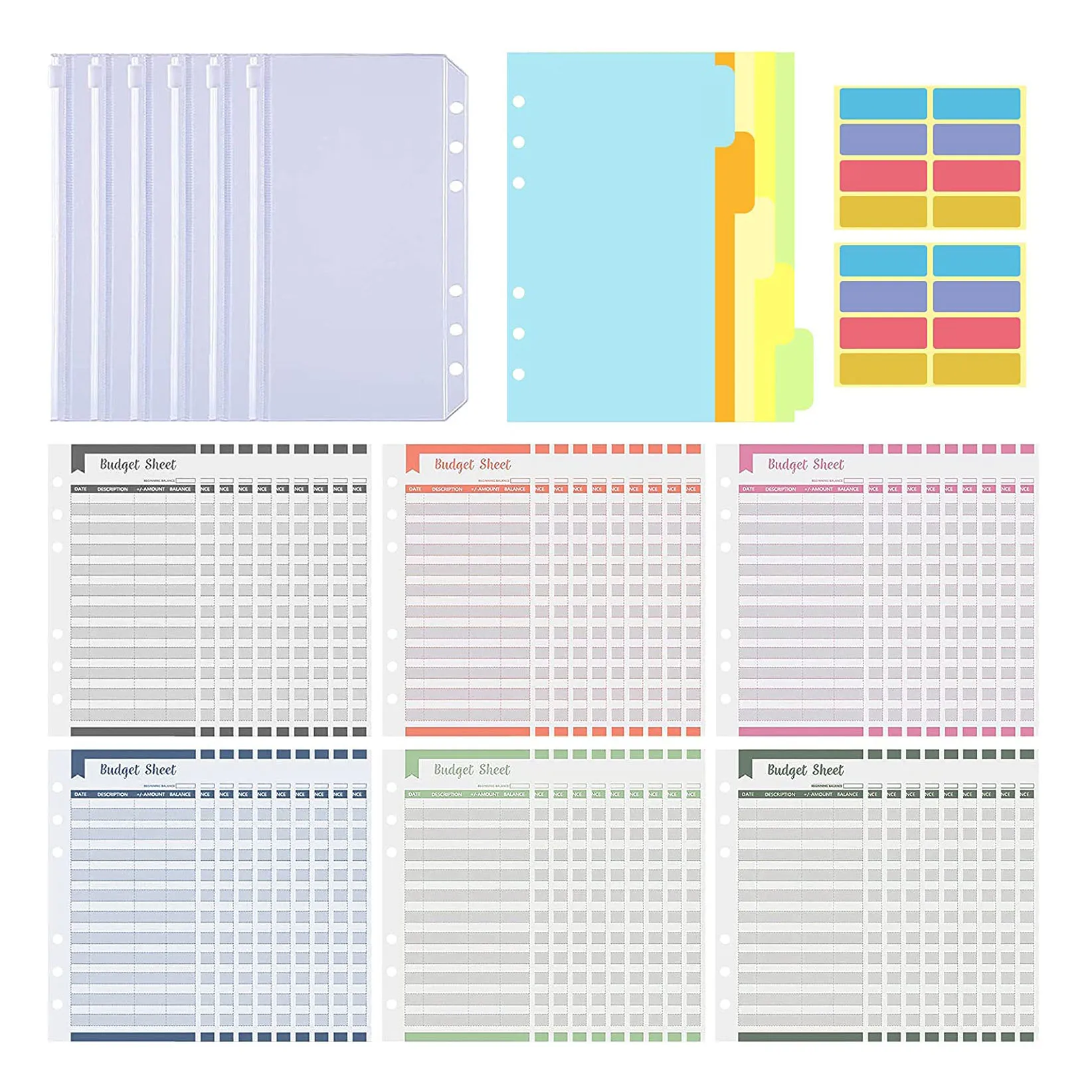 

Expense Tracker Budget Sheets 60 Pcs with A6 6pc Binder Pocket 5pc Dividers 2pc Sticker Labels, Money Saving Organizer Budgeting