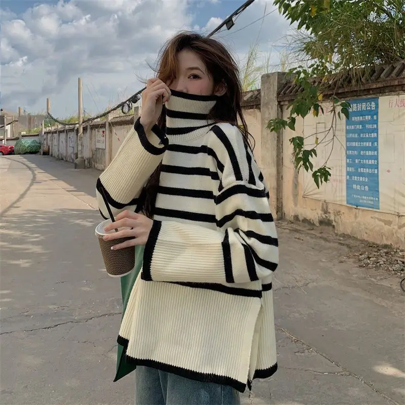 

Tops 2022 Women Striped High Collar Sweater New Autumn Winter Loose Design Knitted Pullover Oversized Sweater Jumper