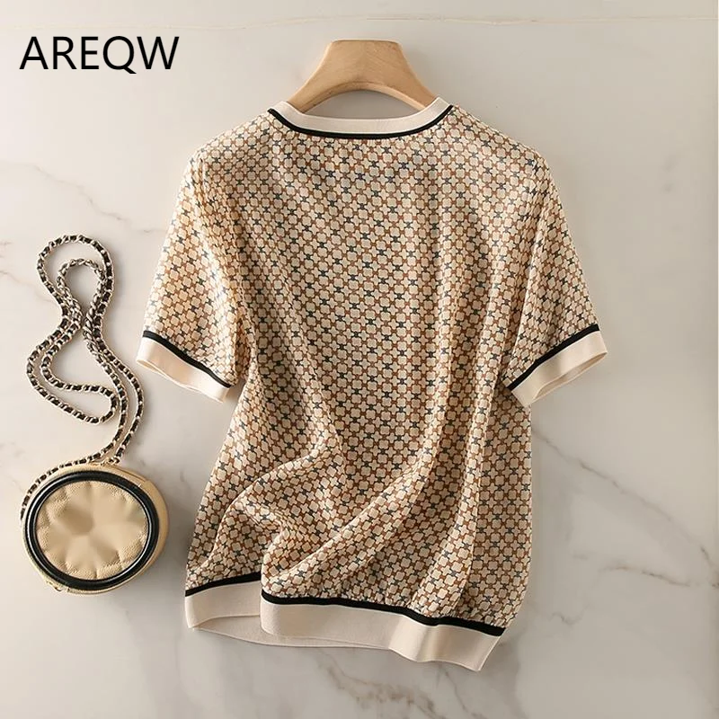

French Romance Tops Women's Short-sleeved Square Plaid Printed Ice Silk T-shirt 2022 Summer New Ribbed Elegant Knitting T-shirt