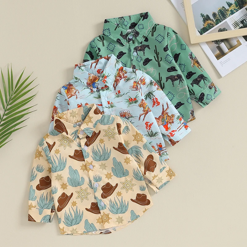 

Autumn Newborn Baby Boys Western Shirts Casual Long Sleeve Cowboy/Cactus Print Button Down Shirts Toddler Kids Tops
