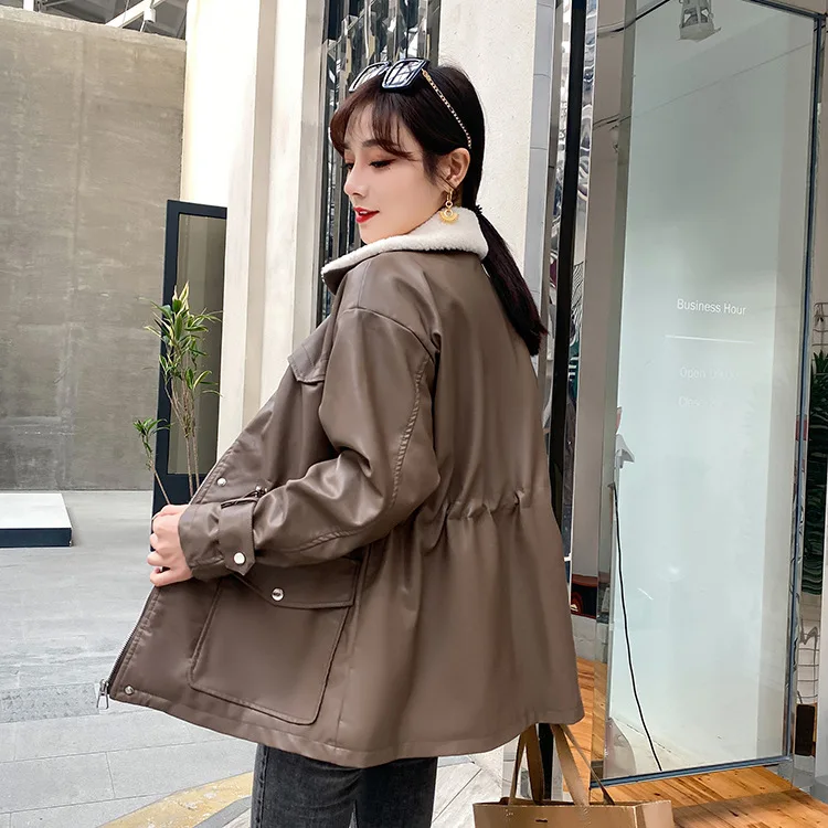 Black PU Leather Jacket Women Winter Thick Warm Lambswool Jackets Coat Female Loose Casual Faux Leather Jacket Outwear enlarge