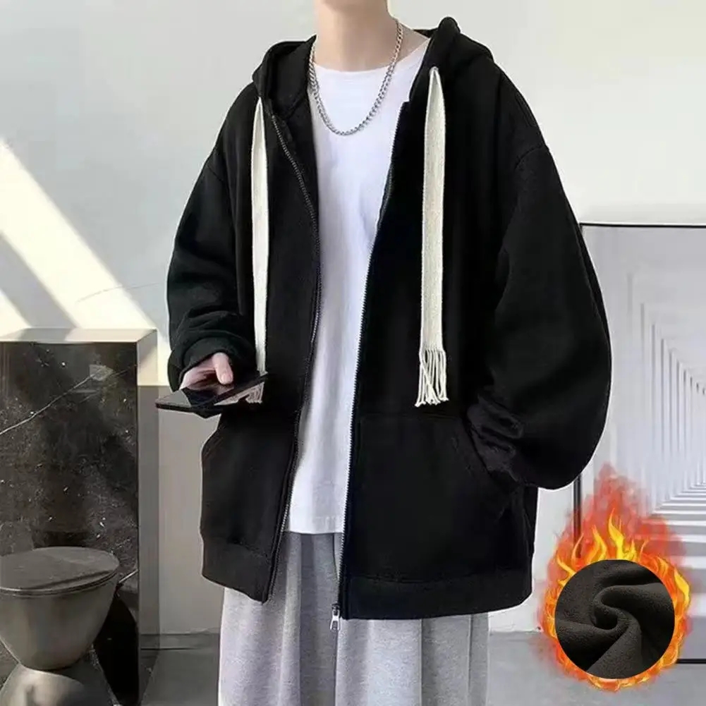 

Men Winter Autumn Hoodie With Pocket Zipper Placket Solid Color Long Sleeve Fleece Lining Cozy Stylish Coat