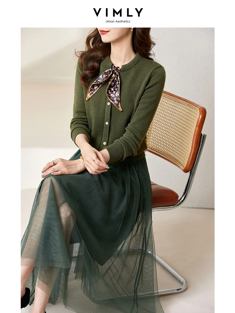 Vimly Skirt Matching Sets Elegant Sweater Ribbons Gauze Knitted Cardigan Korean Spring 2023 2 Piece Sets Womens Outifits V6219