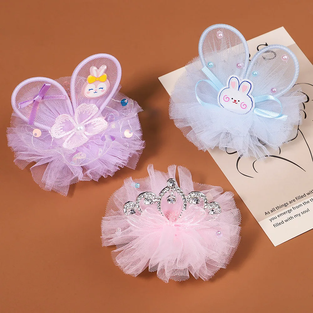 

New Cute Organza Rabbit Ears Hair Clips For Kids Girls Sweet Princess Rhinestone Crown Hairpins Fashion Hair Accessories Gifts
