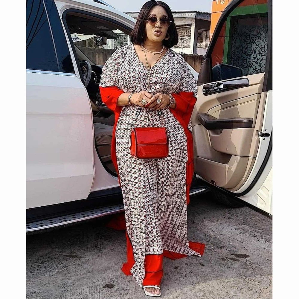 

2 Piece Set Women Africa Clothes 2021 African Dashiki New Fashion Two Piece Suit Long Tops + Wide Pants Party Plus Size For Lady